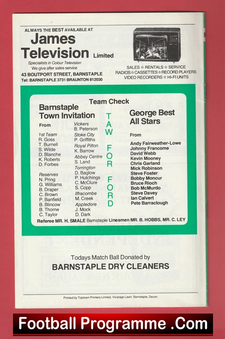 Vintage football programme page showing Team Check lineups for Barnstaple Town Invitation, with player lists and sponsor notes (James Television; Barnstaple Dry Cleaners).