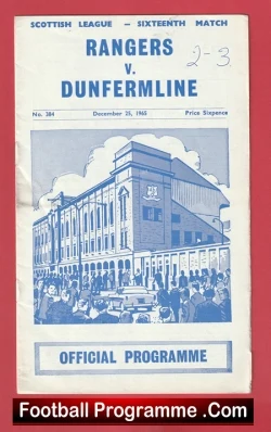 Official Rangers vs Dunfermline football programme cover, blue illustration of a stadium with a cheering crowd, date December 25, 1965, handwritten score 2–3.
