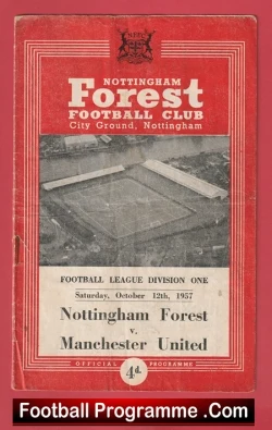 Nottingham Forest vs Manchester United 1957 football programme cover, red with stadium photo and league info.