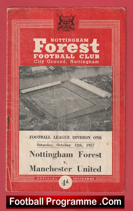 Vintage Nottingham Forest football programme cover with a stadium photo and match details: Forest vs Manchester United, October 12, 1957 (Division One).