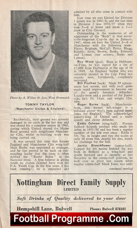 Portrait of Tommy Taylor, Manchester United and England forward, in a newspaper clipping about his career by A. Wilkes & Son.