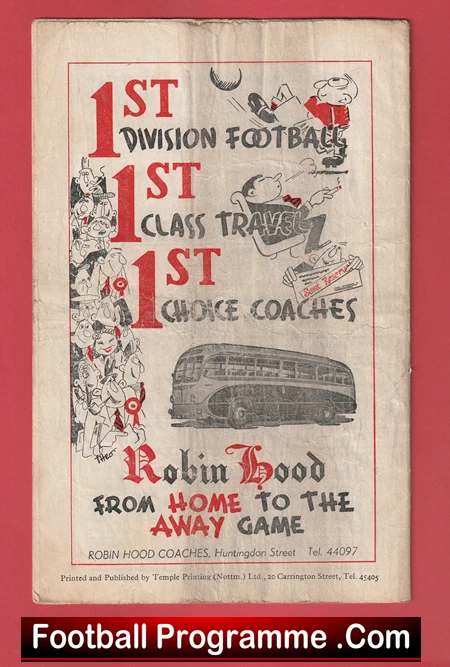 Old football programme cover featuring bold red '1st division football' and '1st class travel' text, vintage bus illustration, and cartoon characters; 'Robin Hood' branding and home/away theme.