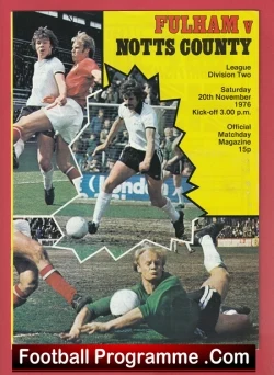 Football programme cover: Fulham v Notts County, action photo on a football pitch, bold yellow header.