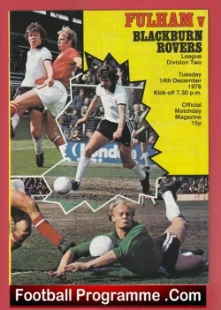 Programme cover for Fulham vs Blackburn Rovers, Division Two, 14 February 1976; players in action with 'Football Programme.com' at the bottom.