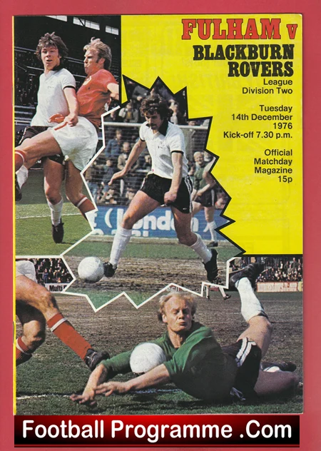 Football programme cover for Fulham v Blackburn Rovers (Division Two, 1976) with players in action and a yellow graphic; footer reads FootballProgramme.com.