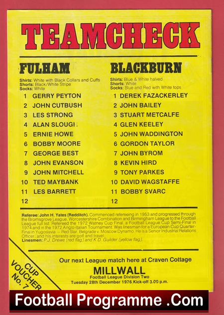 Bright yellow football lineup poster for Fulham vs Blackburn, listing players and match details with a red border and watermark at bottom left.