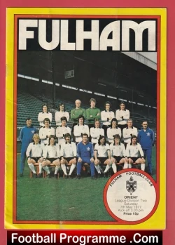 Vintage Fulham FC team photograph on a yellow-bordered football programme cover with a large 'FULHAM' title at the top and a circular club badge in the bottom-right corner.