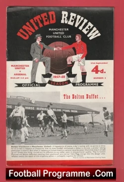 Vintage Manchester United football programme cover titled 'UNITED REVIEW' with a handshake illustration and a black-and-white match photo beneath it.