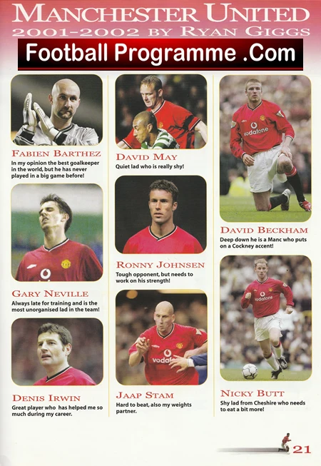 Manchester United 2001–02 programme page with headshots and short bios of players (Barthez, May, Beckham, Neville, Johnsen, Stam, Irwin, Butt).