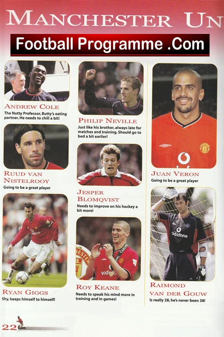 Manchester United programme collage showing headshots and short bios for players like Andrew Cole, Ruud van Nistelrooy, Philip Neville, Jesper Blomqvist, Juan Verón, Roy Keane, Ryan Giggs and Raimond van der Gouw.