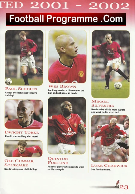 Collage page from a 2001-2002 Manchester United programme showing seven players in separate portrait panels with brief captions beneath each image.