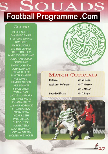 Celtic Football Club match programme cover with squad list on the left, crest on the right, and match officials box in the center-right.