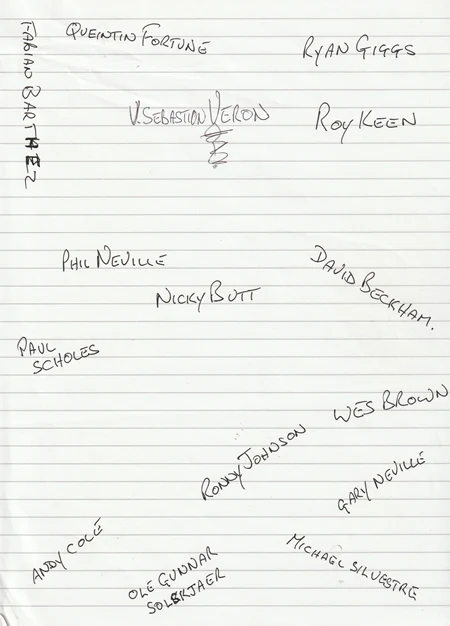 Lined notebook page with a scattered collection of handwritten names, resembling signatures, including Quentin Fortune, Sebastian Veron, Ryan Giggs, Roy Keane, Paul Scholes, Nicky Butt, Gary Neville, David Beckham, Wes Brown, Ole Gunnar Solskjaer, Andy Cole, and others.