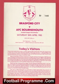 Front cover of a 1983 Bradford City vs AFC Bournemouth football programme, pink design, featuring 'Today's Visitors' and a 'Football Programme .Com' footer.