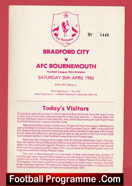 Poster-style match programme cover for Bradford City vs AFC Bournemouth, Football League Third Division, Saturday 30th April 1983, featuring the club crest at top and a 'Today's Visitors' section.
