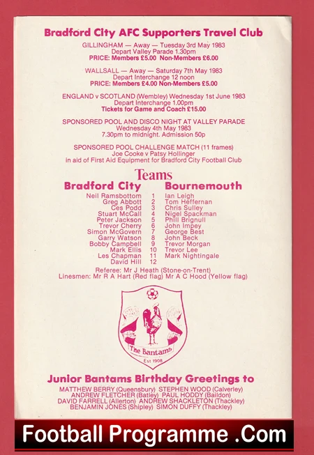 Bradford City AFC Supporters Travel Club flyer with 1983 schedule, team lists, and crest on pink background.