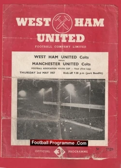 Red West Ham United football programme cover with the hammer-and-anvil logo; a white insert lists Manchester United Colts and a black-and-white match photo inside.