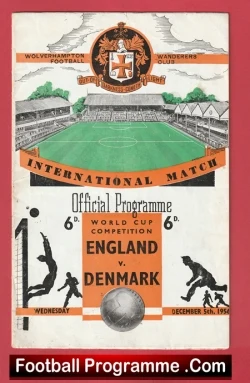 Vintage England–Denmark international football programme cover with a green stadium illustration, orange banners, and player silhouettes.