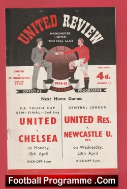 Front cover of a 1954-55 Manchester United programme, 'United Review,' featuring two players shaking hands with a football and notices for upcoming home games: United vs. Chelsea and United Reserves vs. Newcastle United.