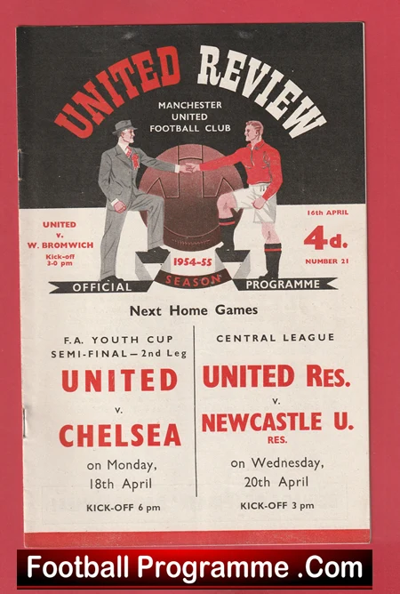 Vintage Manchester United programme cover titled 'UNITED REVIEW' with two men shaking hands in front of a large football motif.