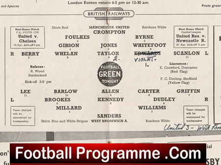 Vintage football program page displaying a lineup diagram around a central 'Green Tonight' badge, with teams and player surnames arranged on a field-style schematic. Footer shows 'Football Programme' branding.
