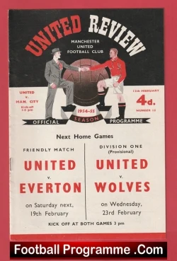 Vintage Manchester United football programme cover for the 1954-55 season, listing next home games vs Everton and Wolves.