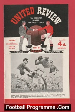 Cover of a 1963-64 Manchester United official football programme, with 'United Review' artwork and a black-and-white action photo beneath. A red footer reads 'Football Programme .Com'.