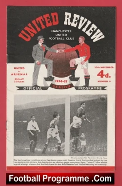Football programme cover for United Review, Manchester United vs Arsenal, 1954-55 season, with players and a red bottom banner reading 'Football Programme .Com'