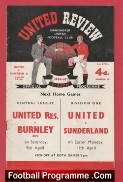 Vintage Manchester United football programme cover titled 'UNITED REVIEW' showing upcoming home games: United Res. vs Burnley and United vs Sunderland.