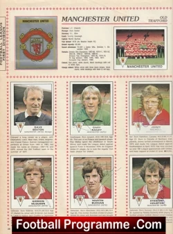 Front page of a vintage Manchester United football programme with club crest, team info, and eight player portraits with captions.