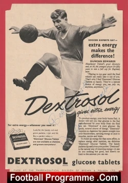 Vintage ad with a footballer mid-kick promoting Dextrosol glucose tablets for extra energy (brand name visible).