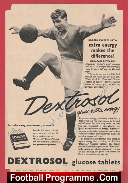 Vintage ad showing a soccer player mid-kick promoting Dextrosol glucose tablets with the headline 'extra energy makes the difference!' and a product image.