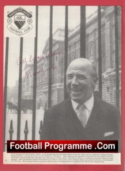 Vintage football programme cover showing an elderly man in a suit smiling behind a gate; red border and a 'Football Programme .Com' banner.