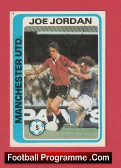 Vintage Manchester United programme cover showing Joe Jordan in a red shirt dribbling, with a blue border and club crest on a red background.