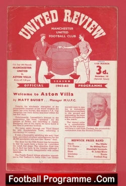 Front cover of a 1962-63 Manchester United vs Aston Villa official programme (United Review), featuring a central football illustration, two players, and a Matt Busby portrait on a red background.