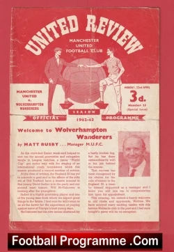 Front cover of a vintage football programme titled United Review, red-toned with two players flanking a large football emblem.