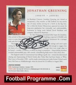 Football programme cover featuring Jonathan Greening with his portrait on a red background and biographical text.