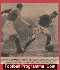 Historic black-and-white football photo: a Manchester United player (16-year-old right half) challenges for the ball; red border and Football Programme banner.
