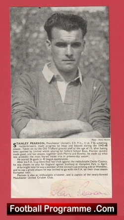 Black-and-white portrait of a man in a light sweater with arms crossed, on a football programme page featuring a Stanley Pearson bio; red border and 'Football Programme.com' footer.