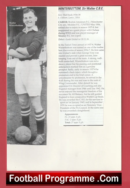 Black-and-white photo of a footballer in kit standing with a ball beside a biographical panel; bottom red banner reads Football Programme .Com.
