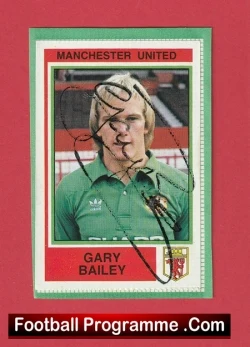 Manchester United football programme cover featuring Gary Bailey's portrait in a green shirt on a red background with the club crest and name visible.