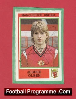 Manchester United football programme cover featuring Jesper Olsen's portrait and autographs on the photo