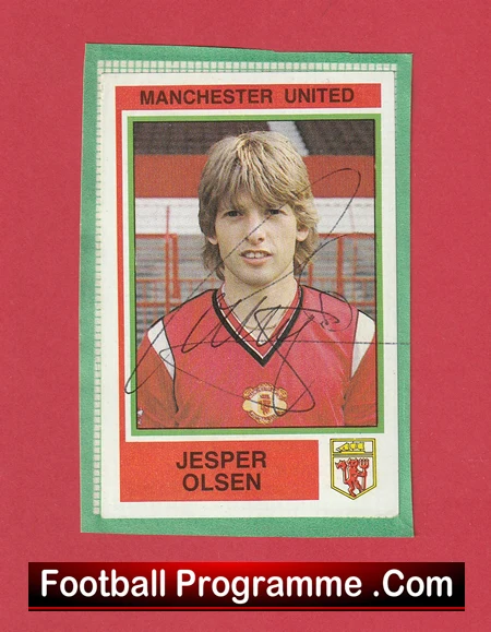 Football trading card of Jesper Olsen from Manchester United, autographed portrait in red and white kit with club badge.