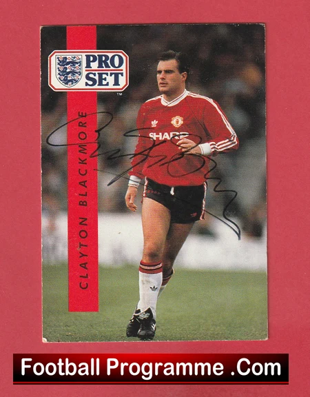 Signed Pro Set football card of Clayton Blackmore in a red Manchester United kit, with his autograph across the image.