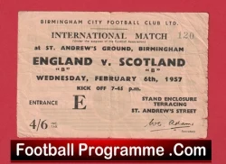 Cover of a football programme: England vs Scotland international match, St. Andrew's, Birmingham, February 6, 1957.