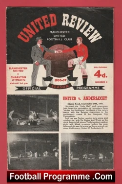 Front cover of a Manchester United football programme titled 'United Review', showing two players shaking hands and the note 'Football Programme' along with a 4d price.