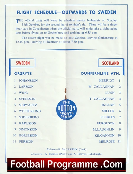 Vintage flight schedule poster: Sweden vs Scotland teams with player lists and a central Huttons logo.