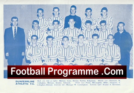 Team photograph of a football club: players in striped jerseys with two coaches, over a red banner reading 'Football Programme .Com'.