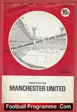 Red football programme cover featuring a large white circle with a stadium illustration, a diagonal banner reading 'PROGRAMME AND TEAM GUIDE', price 10p in a circle, and a white lower band with the text 'TODAY'S VISITORS: MANCHESTER UNITED' and 'MATCH MAGAZINE'.