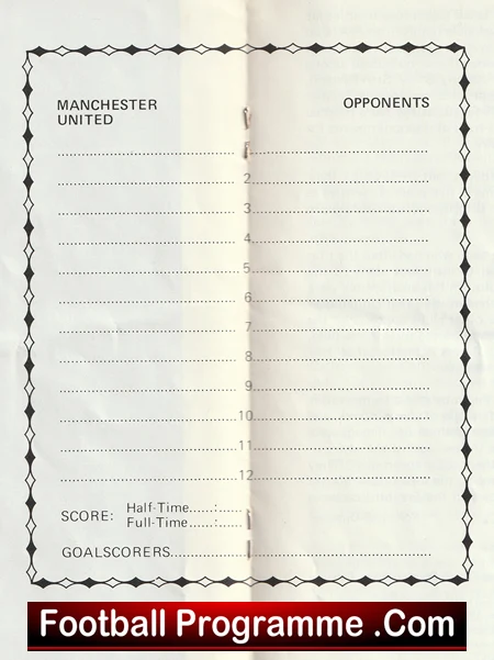 Vintage football scorecard for Manchester United vs Opponents with lined spaces for goals, scorers, and halves, enclosed by a decorative border.